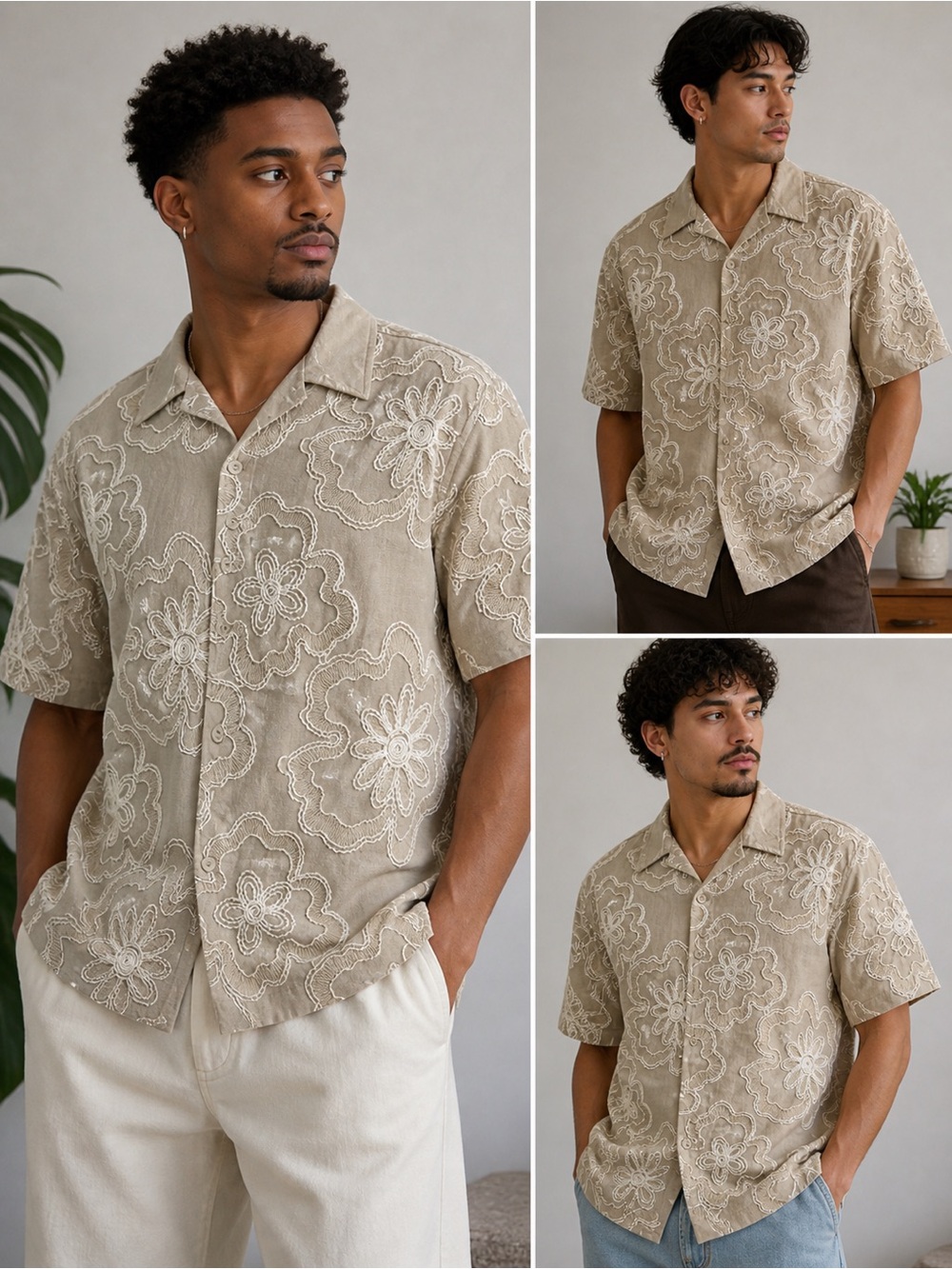 Zara Beige Short-Sleeve Embroidered Floral Button-Down Shirt